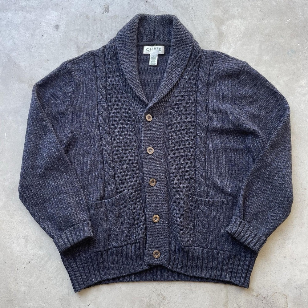 Orvis Merino Wool Blend Sweater Men's XL Fisherman Cardigan Blue Cable Knit